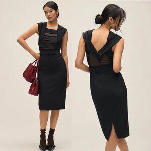 NEW Anthropologie Cap-Sleeve Mesh Panel Slim Midi Dress Black